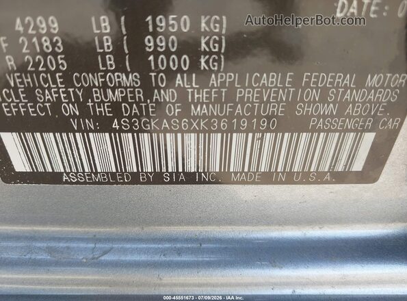 4S3GKAS6XK3619190 2019 SUBARU IMPREZA Серебряный Вид подкапотного пространства