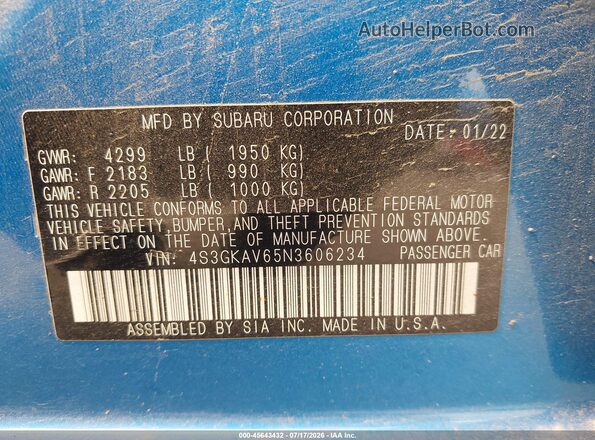 4S3GKAV65N3606234 2022 SUBARU IMPREZA Blue Engine compartment view