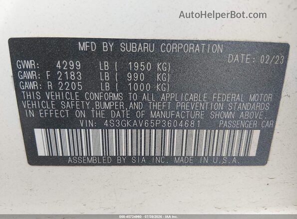 4S3GKAV65P3604681 2023 SUBARU IMPREZA White Շարժիչի բաժամունքի տեսք