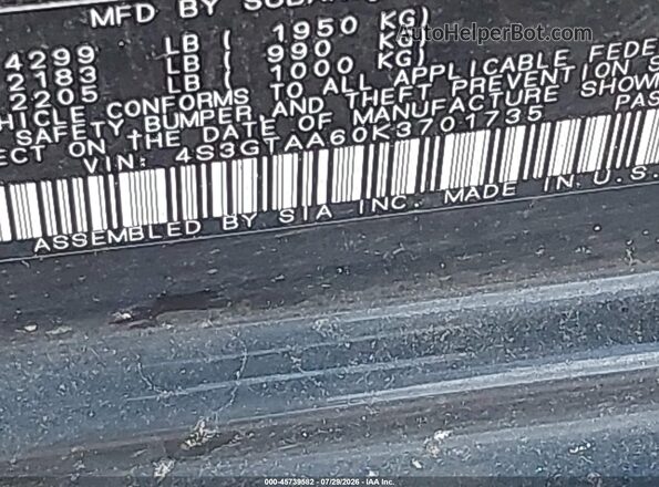 4S3GTAA60K3701735 2019 SUBARU IMPREZA Черный Вид подкапотного пространства
