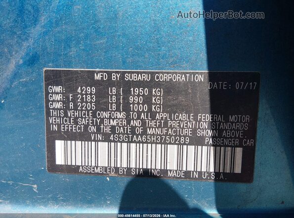 4S3GTAA65H3750289 2017 SUBARU IMPREZA Blue Engine compartment view