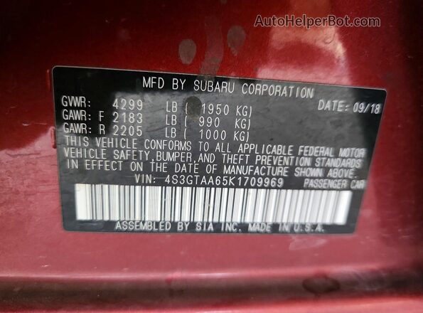 4S3GTAA65K1709969 2019 SUBARU IMPREZA Burgundy ძრავის განყოფილების ხედი