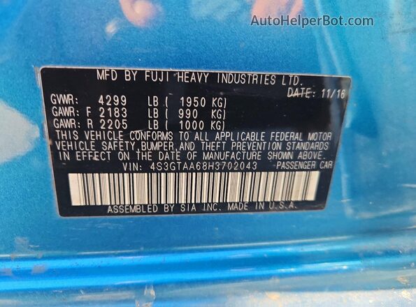 4S3GTAA68H3702043 2017 SUBARU IMPREZA Blue Շարժիչի բաժամունքի տեսք