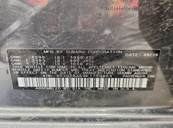 4S3GTAA69K1759869 2019 SUBARU IMPREZA Gray Вид наклейки з VIN-кодом
