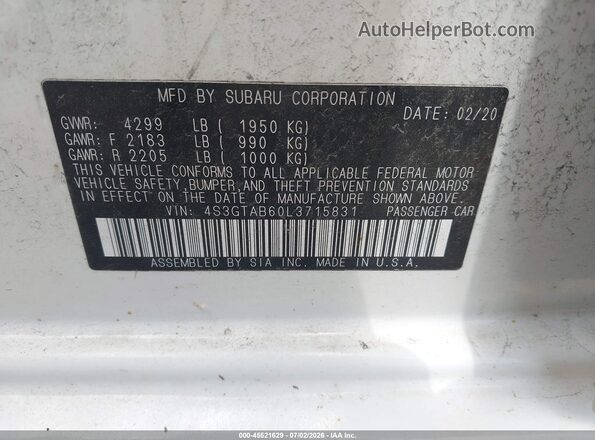 4S3GTAB60L3715831 2020 SUBARU IMPREZA White ძრავის განყოფილების ხედი