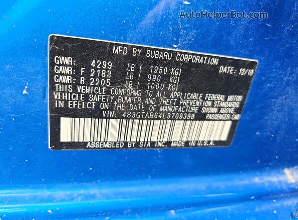4S3GTAB64L3709398 2020 SUBARU IMPREZA Blue Engine compartment view