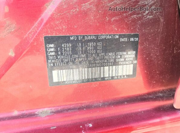 4S3GTAB65M3700307 2021 SUBARU IMPREZA Burgundy ძრავის განყოფილების ხედი