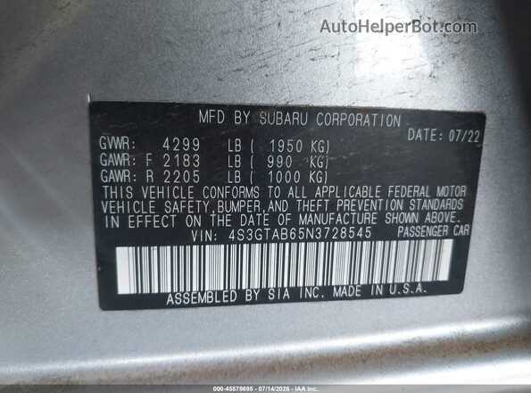 4S3GTAB65N3728545 2022 SUBARU IMPREZA Gray Շարժիչի բաժամունքի տեսք