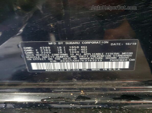 4S3GTAB67K3763213 2019 SUBARU IMPREZA Black VIN კოდის სტიკერის ხედი