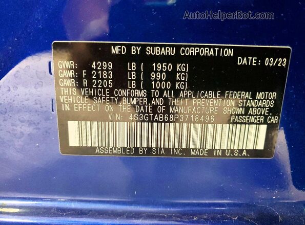 4S3GTAB68P3718496 2023 SUBARU IMPREZA Blue Widok naklejki z numerem VIN