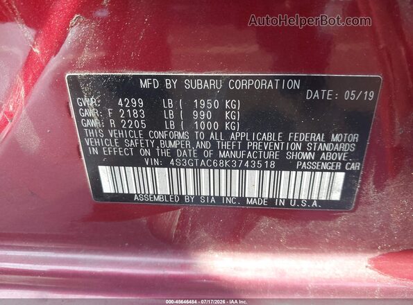 4S3GTAC68K3743518 2019 SUBARU IMPREZA Maroon Շարժիչի բաժամունքի տեսք