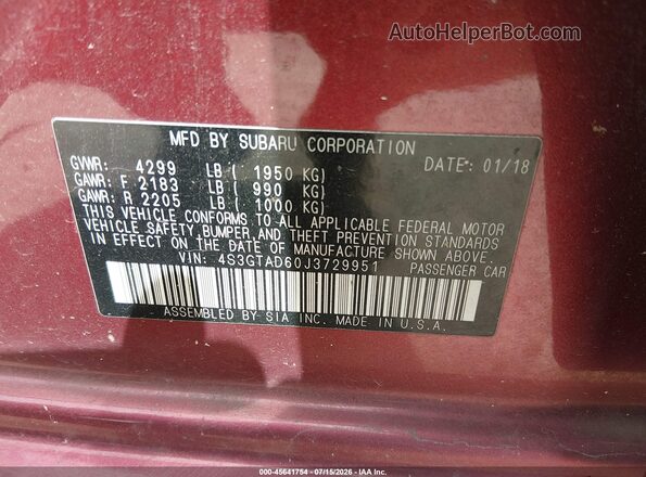 4S3GTAD60J3729951 2018 SUBARU IMPREZA Maroon ძრავის განყოფილების ხედი