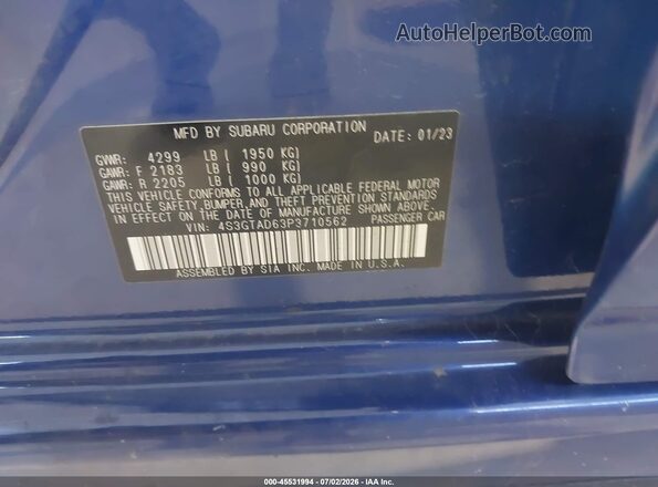 4S3GTAD63P3710562 2023 SUBARU IMPREZA Blue Вид підкапотного простору
