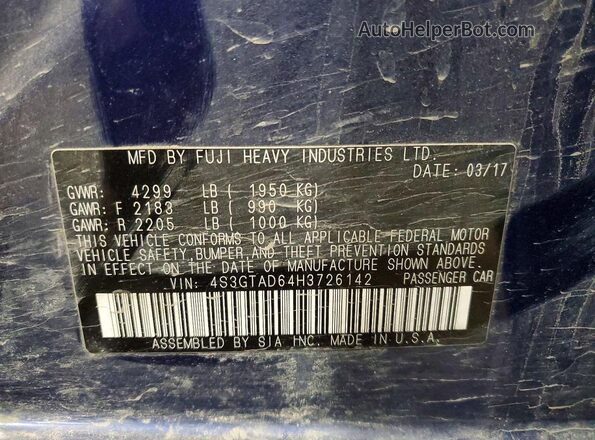 4S3GTAD64H3726142 2017 SUBARU IMPREZA Blue Вид наклейки з VIN-кодом