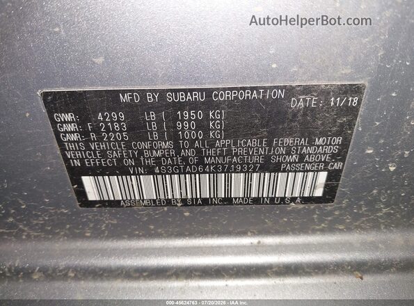 4S3GTAD64K3719327 2019 SUBARU IMPREZA Silver Vista del compartimento del motor