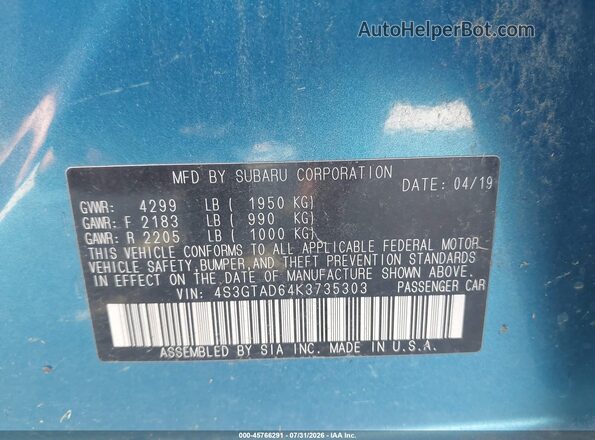 4S3GTAD64K3735303 2019 SUBARU IMPREZA Blue Շարժիչի բաժամունքի տեսք