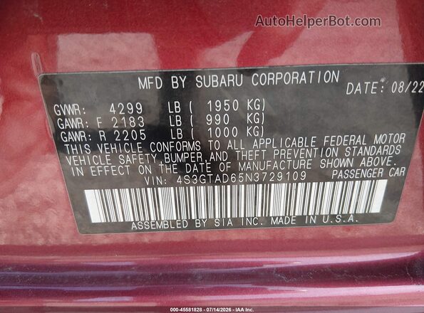 4S3GTAD65N3729109 2022 SUBARU IMPREZA Burgundy Вид підкапотного простору