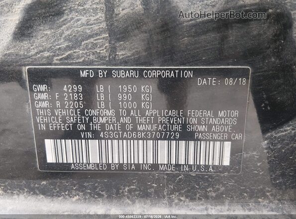 4S3GTAD68K3707729 2019 SUBARU IMPREZA Black Widok komory silnika
