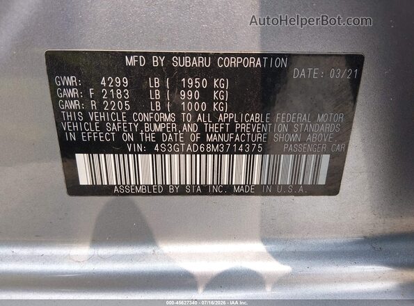 4S3GTAD68M3714375 2021 SUBARU IMPREZA Silver Вид підкапотного простору