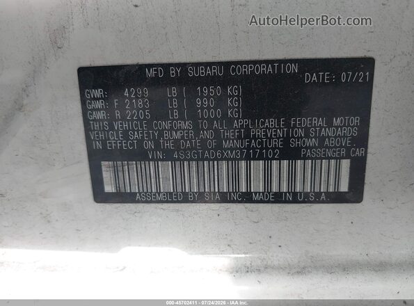 4S3GTAD6XM3717102 2021 SUBARU IMPREZA White Вид підкапотного простору