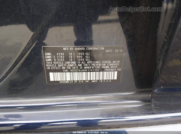 4S3GTAJ64K1741392 2019 SUBARU IMPREZA Blue Vista del compartimento del motor