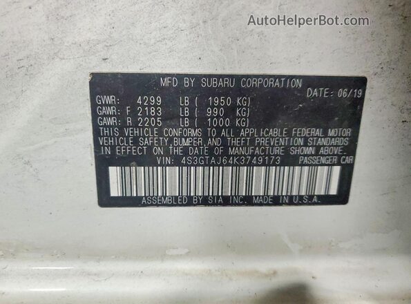 4S3GTAJ64K3749173 2019 SUBARU IMPREZA White VIN sticker view