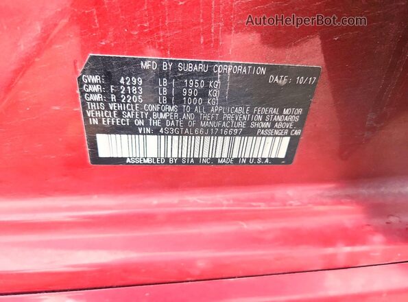 4S3GTAL66J1716697 2018 SUBARU IMPREZA Red Widok naklejki z numerem VIN