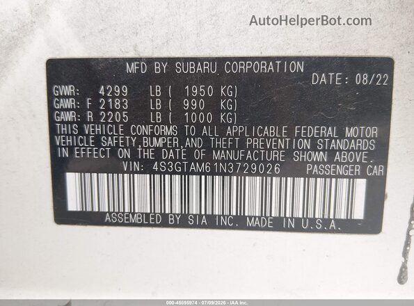 4S3GTAM61N3729026 2022 SUBARU IMPREZA White Vista del compartimento del motor