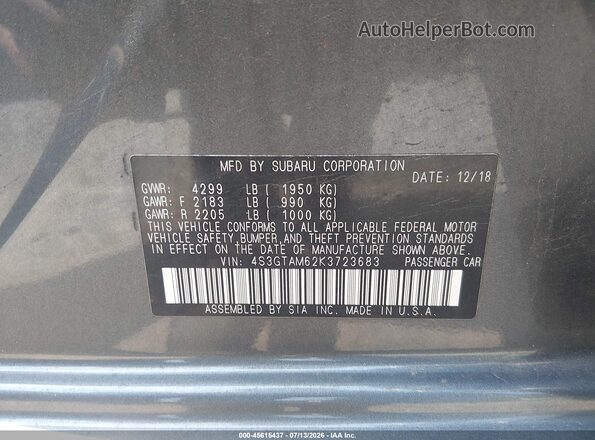 4S3GTAM62K3723683 2019 SUBARU IMPREZA Gray ძრავის განყოფილების ხედი