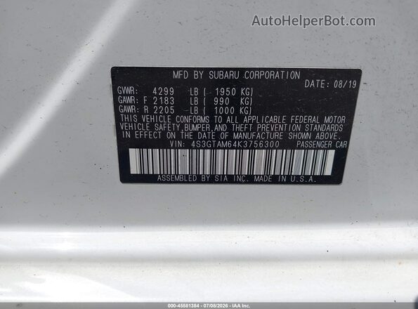 4S3GTAM64K3756300 2019 SUBARU IMPREZA White Vista del compartimento del motor