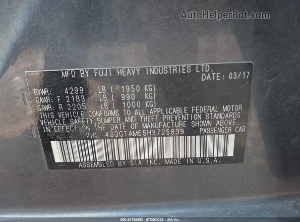 4S3GTAM65H3725839 2017 SUBARU IMPREZA Gray Շարժիչի բաժամունքի տեսք