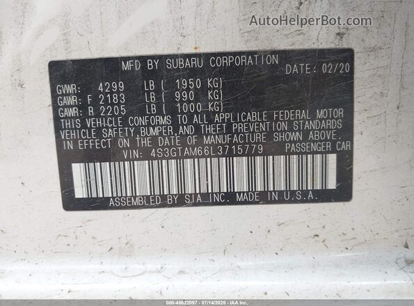 4S3GTAM66L3715779 2020 SUBARU IMPREZA Белый Вид подкапотного пространства