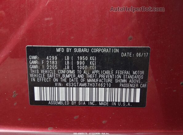 4S3GTAM67H3746210 2017 SUBARU IMPREZA Red ძრავის განყოფილების ხედი