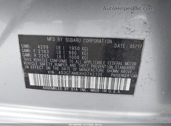 4S3GTAM6XH3742135 2017 SUBARU IMPREZA Silver ძრავის განყოფილების ხედი