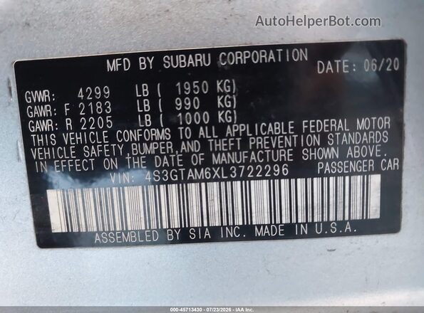 4S3GTAM6XL3722296 2020 SUBARU IMPREZA Серебряный Вид подкапотного пространства