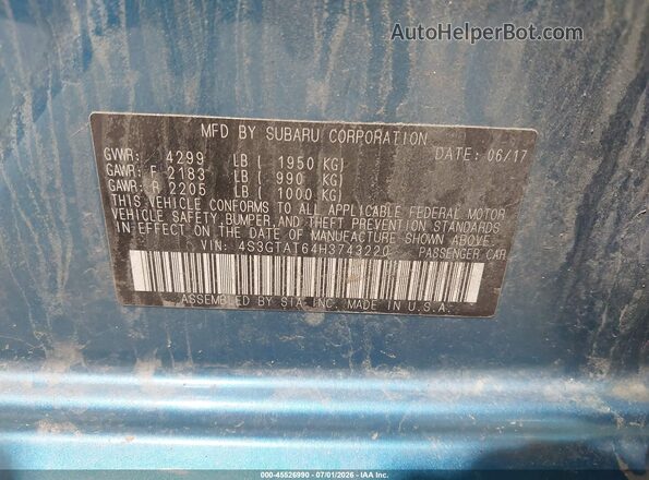 4S3GTAT64H3743220 2017 SUBARU IMPREZA Blue Vista del compartimento del motor
