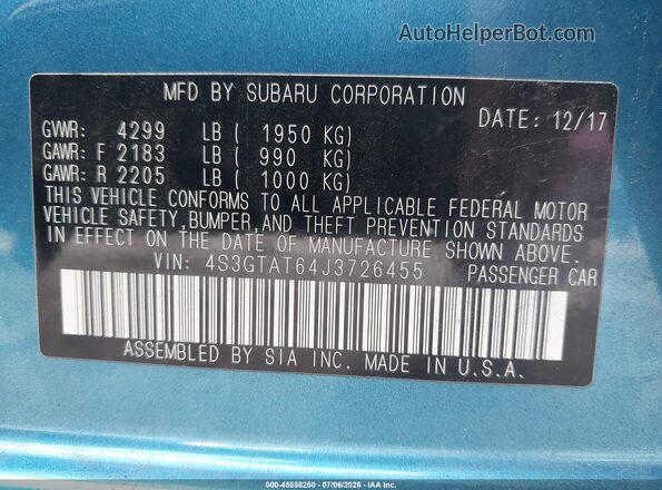 4S3GTAT64J3726455 2018 SUBARU IMPREZA Blue ძრავის განყოფილების ხედი