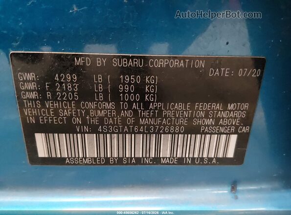 4S3GTAT64L3726880 2020 SUBARU IMPREZA Blue ძრავის განყოფილების ხედი
