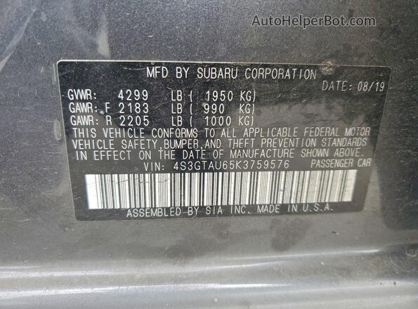 4S3GTAU65K3759576 2019 SUBARU IMPREZA Gray ძრავის განყოფილების ხედი