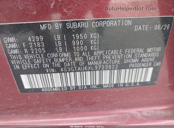 4S3GTAU6XL3723822 2020 SUBARU IMPREZA Red ძრავის განყოფილების ხედი