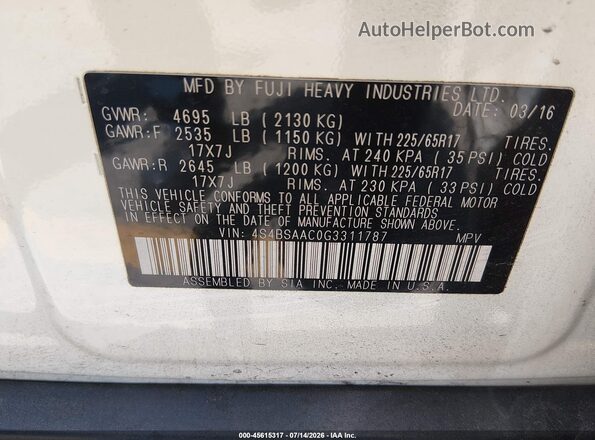 4S4BSAAC0G3311787 2016 SUBARU OUTBACK Белый Вид подкапотного пространства