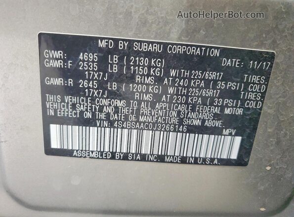 4S4BSAAC0J3266146 2018 SUBARU OUTBACK Tan VIN կոդի պիտակի տեսք
