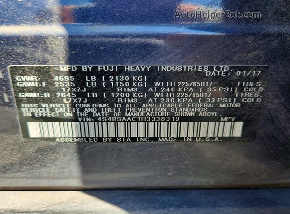 4S4BSAAC1H3338319 2017 SUBARU OUTBACK Blue Vista de la etiqueta del VIN