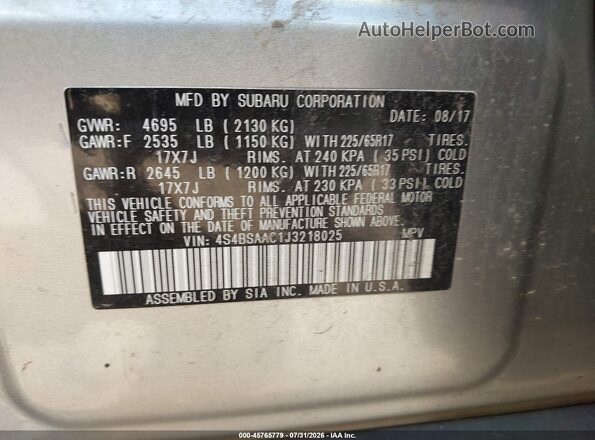 4S4BSAAC1J3218025 2018 SUBARU OUTBACK Silver Engine compartment view