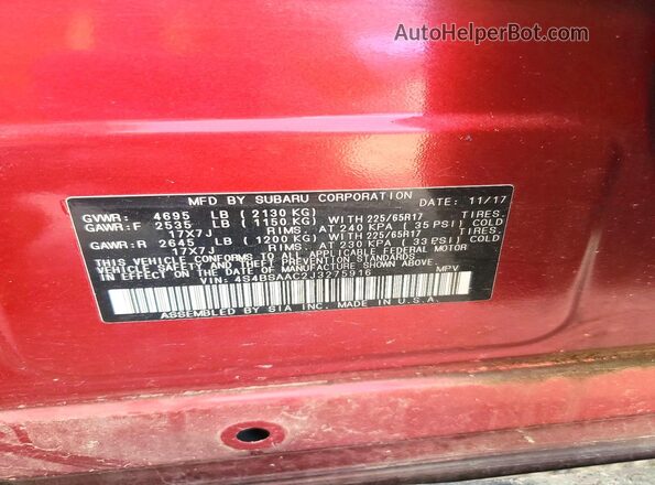 4S4BSAAC2J3275916 2018 SUBARU OUTBACK Burgundy Vista de la etiqueta del VIN