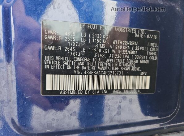 4S4BSAAC4H3219731 2017 SUBARU OUTBACK Blue Widok naklejki z numerem VIN