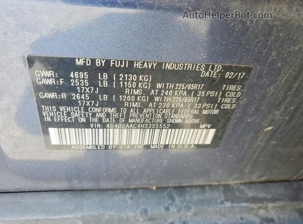 4S4BSAAC4H3355552 2017 SUBARU OUTBACK Blue Vista de la etiqueta del VIN