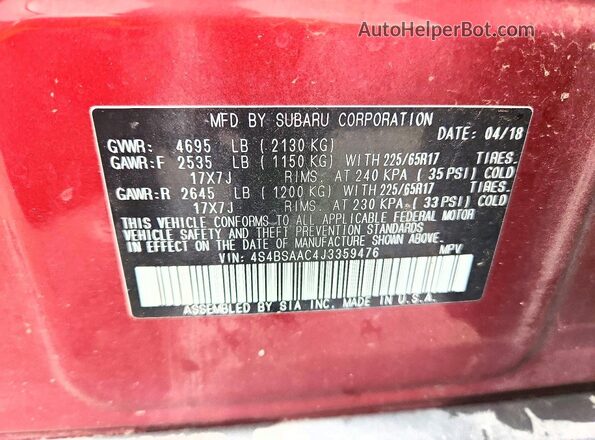 4S4BSAAC4J3359476 2018 SUBARU OUTBACK Burgundy VIN կոդի պիտակի տեսք