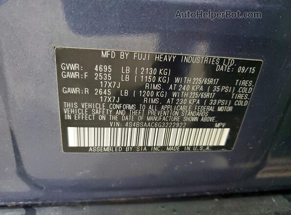 4S4BSAAC6G3222922 2016 SUBARU OUTBACK Blue VIN კოდის სტიკერის ხედი