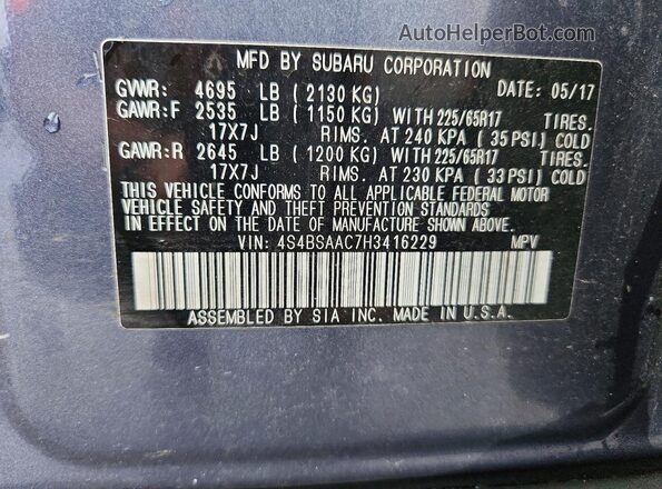 4S4BSAAC7H3416229 2017 SUBARU OUTBACK Blue Widok komory silnika